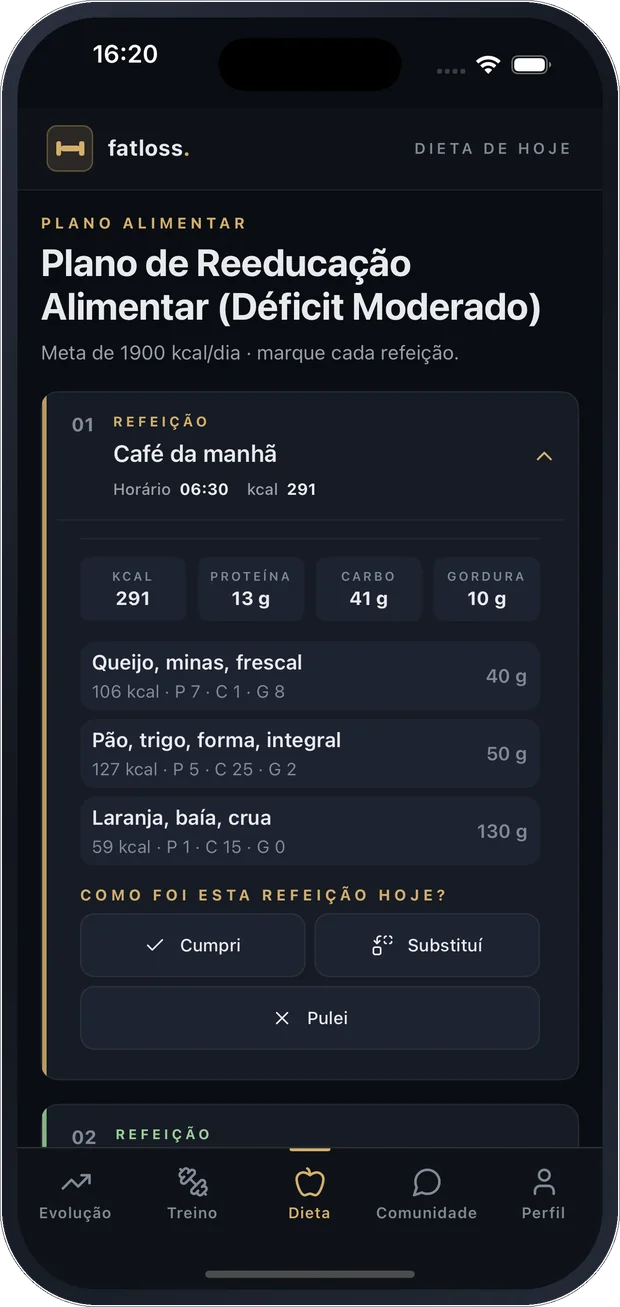 Tela de dieta do app do paciente: plano de reeducação alimentar com meta de 1800 kcal, as refeições do dia e os alimentos de cada uma com a porção em gramas.