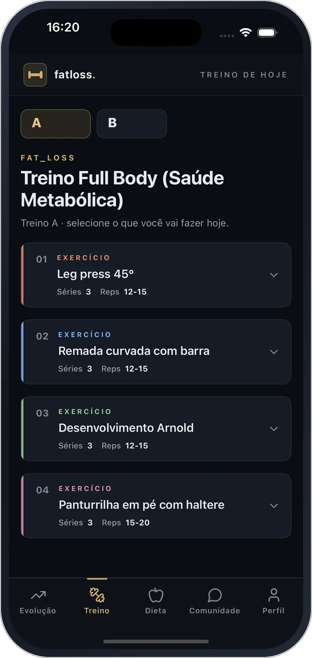 Tela de treino do app do paciente: plano Full Body para saúde metabólica, com divisão A e B e a lista de exercícios do dia, cada um com séries e repetições.